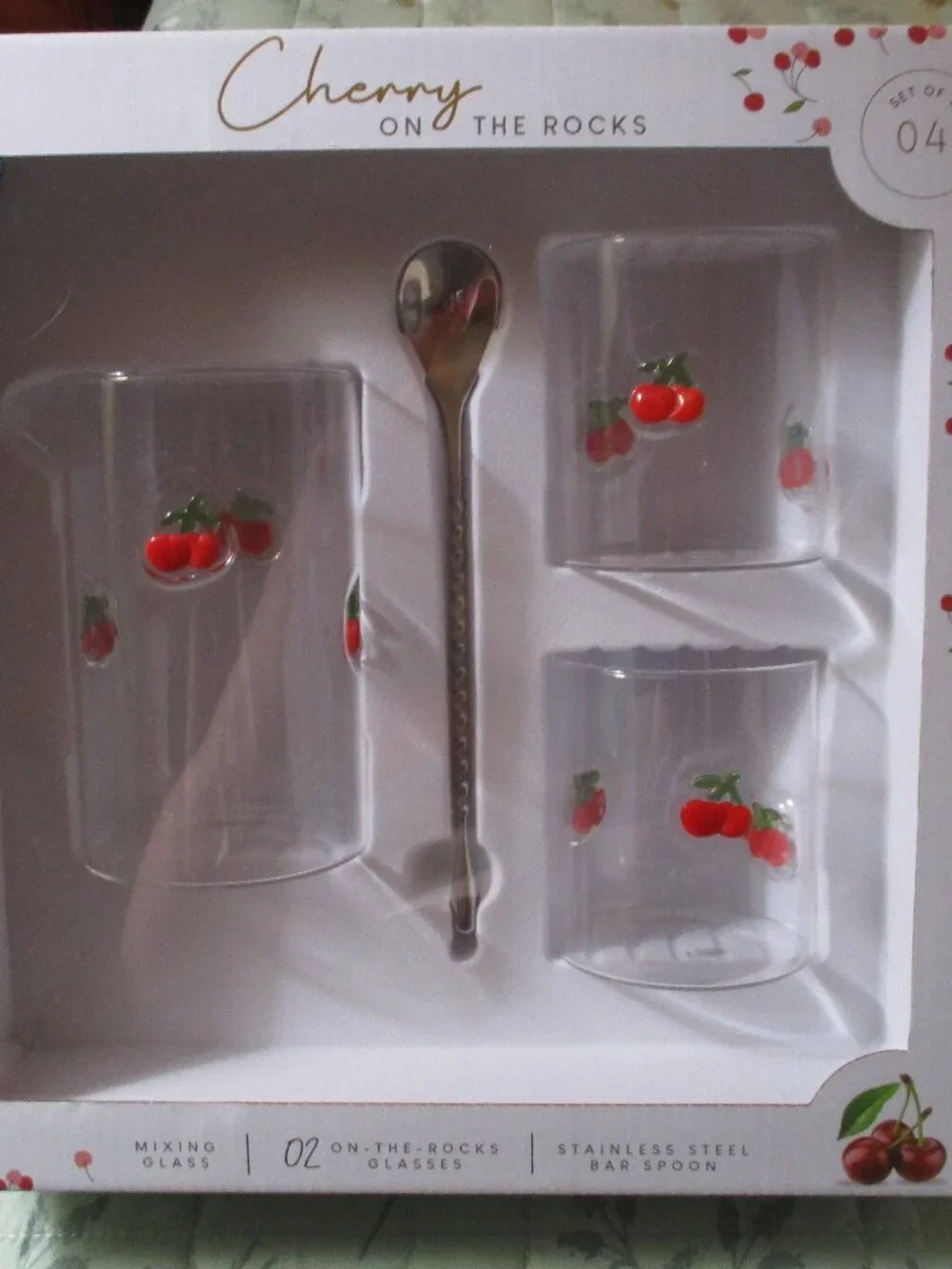 Cherry on the Rocks Mixing Glass w/Spoon Set NIB